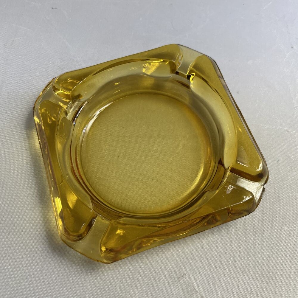 Vintage Yellow Amber Glass Ashtray‎ Square Retro Cigarette 3.5”